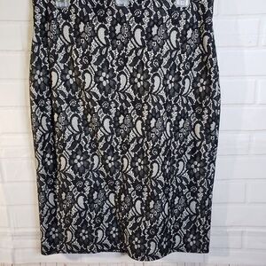 Worthington Black Floral Lace Straight Midi Skirt womens 14 L Evening Sexy large